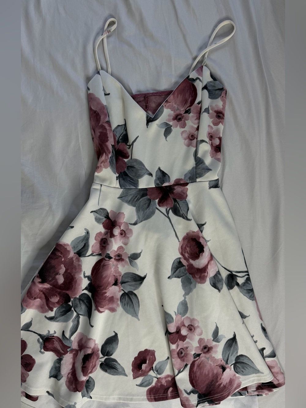 Floral Spaghetti-Strap A-Line Dress in White and Dusty Rose